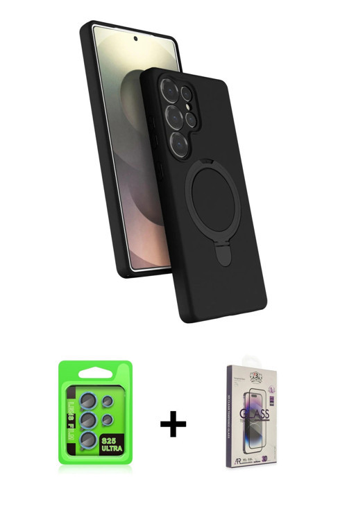 ieg™ Galaxy S25 Ultra Kılıf İz Işık Koleksiyonu - Siyah Bilvis 3D Cam Ekran Koruyucu + Mavi Raze Met