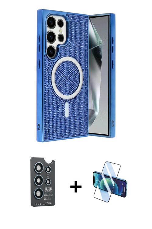 ieg™ Galaxy S25 Ultra Kılıf Eksen Çizgi - Siyah 3D Antistatik Seramik Nano Ekran Koruyucu + Lacivert