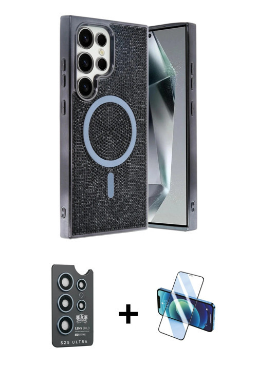 ieg™ Galaxy S25 Ultra Kılıf Eksen Çizgi - Siyah 3D Antistatik Seramik Nano Ekran Koruyucu + Lacivert