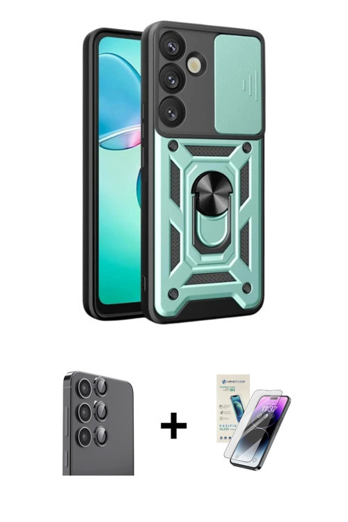 ieg™ Galaxy S25 Kılıf Ahenk Klasik - Şeffaf Pasifik Cam Ekran Koruyucu + Siyah Raze Metal Kamera Len