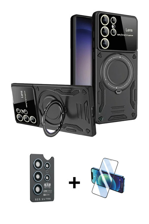 ieg™ Galaxy S25 Ultra Kılıf Kıvılcım Modern Serisi - Siyah 3D Antistatik Cam Ekran Koruyucu + Lacive