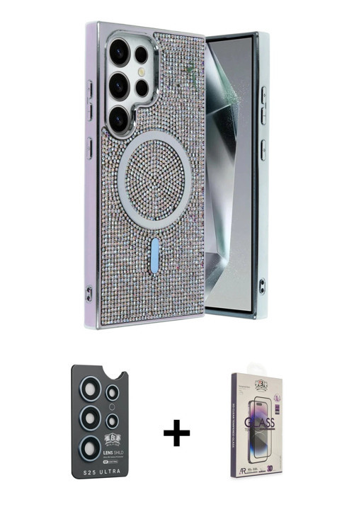 ieg™ Galaxy S25 Ultra Kılıf Eksen Çizgi - Siyah Bilvis 3D Cam Ekran Koruyucu + Lacivert Bilvis Titan