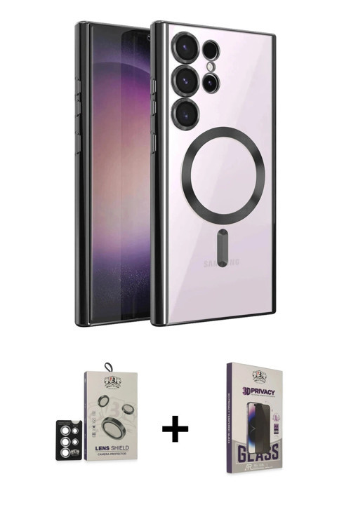 ieg™ Galaxy S25 Ultra Kılıf Nova Işık Özel Seri - Siyah Bilvis Hayalet Cam Ekran Koruyucu + Gümüş Bi