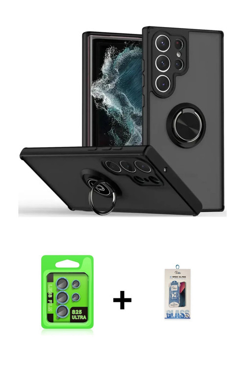 ieg™ Galaxy S25 Ultra Kılıf Yörünge Çizgi - Siyah Joko Magic 5D Cam + Mavi Raze Metal Kamera Lens