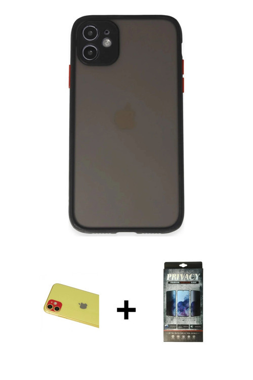 ieg™ iPhone 11 Kılıf Ahenk Çizgi Serisi - Siyah 34D Hayalet Izgaralı Cam + Kırmızı Rainbow Kamera Le