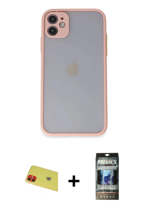 ieg™ iPhone 11 Kılıf Ahenk Çizgi Serisi - Siyah 34D Hayalet Izgaralı Cam + Kırmızı Rainbow Kamera Le