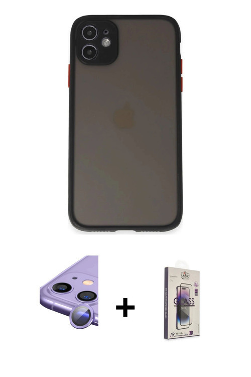 ieg™ iPhone 11 Kılıf Ahenk Çizgi Serisi - Siyah Bilvis 3D Cam Ekran Koruyucu + Mor Raze Metal Kamera