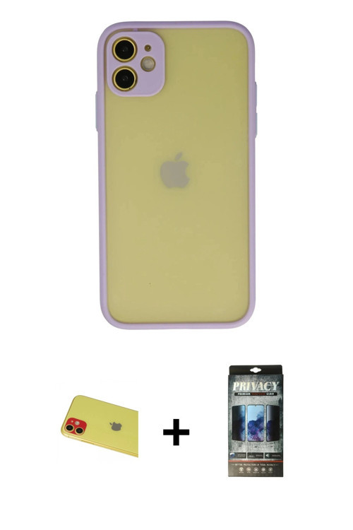 ieg™ iPhone 11 Kılıf Ahenk Çizgi Serisi - Siyah 34D Hayalet Izgaralı Cam + Kırmızı Rainbow Kamera Le
