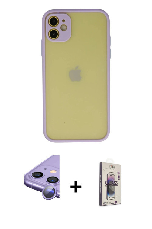 ieg™ iPhone 11 Kılıf Ahenk Çizgi Serisi - Siyah Bilvis 3D Cam Ekran Koruyucu + Mor Raze Metal Kamera