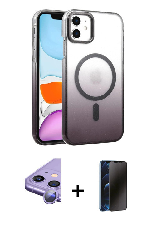 ieg™ iPhone 11 Kılıf Ahenk Doku Özel Seri - Siyah 3D Antistatik Hayalet Cam Ekran Koruyucu + Mor Raz
