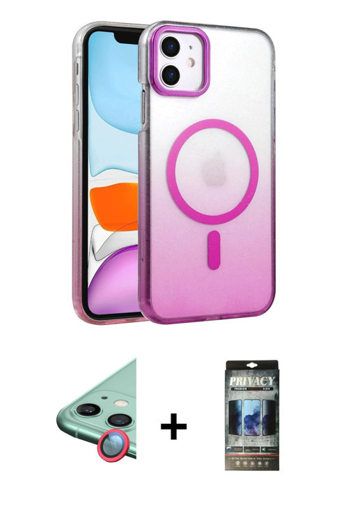 ieg™ iPhone 11 Kılıf Ahenk Doku Özel Seri - Siyah 34D Hayalet Izgaralı Cam + Kırmızı Raze Metal Kame