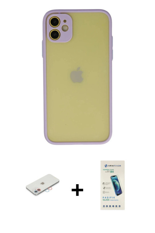 ieg™ iPhone 11 Kılıf Ahenk Çizgi Serisi - Şeffaf Pasifik Cam Ekran Koruyucu + Pembe Renkli Kamera Le