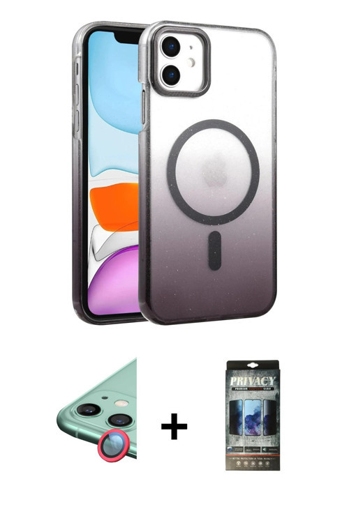 ieg™ iPhone 11 Kılıf Ahenk Doku Özel Seri - Siyah 34D Hayalet Izgaralı Cam + Kırmızı Raze Metal Kame