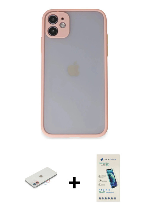 ieg™ iPhone 11 Kılıf Ahenk Çizgi Serisi - Şeffaf Pasifik Cam Ekran Koruyucu + Pembe Renkli Kamera Le