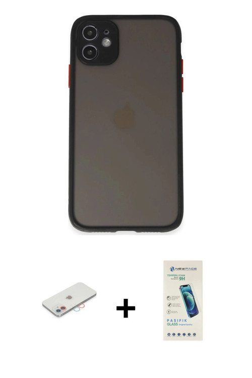 ieg™ iPhone 11 Kılıf Ahenk Çizgi Serisi - Şeffaf Pasifik Cam Ekran Koruyucu + Pembe Renkli Kamera Le