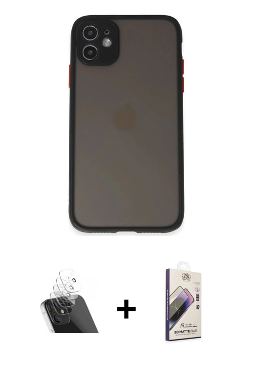 ieg™ iPhone 11 Kılıf Ahenk Çizgi Serisi - Siyah Bilvis 3D Mat Cam Ekran Koruyucu + Şeffaf Kamera Len