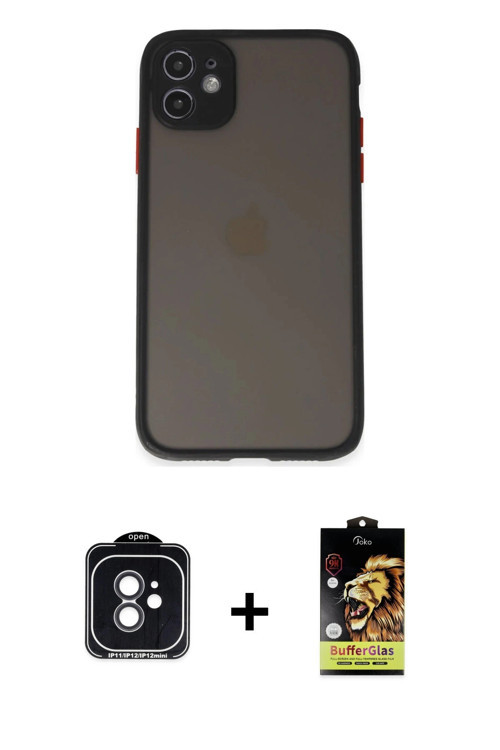 ieg™ iPhone 11 Kılıf Ahenk Çizgi Serisi - Siyah Buffer Cam Ekran Koruyucu + Siyah PVD Metal Kamera L