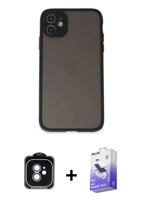 iPhone 11 Kılıf Ahenk Çizgi Serisi - Siyah Bilvis 5in1 5D Magic Hayalet Cam Ekran Koruyucu + Ye