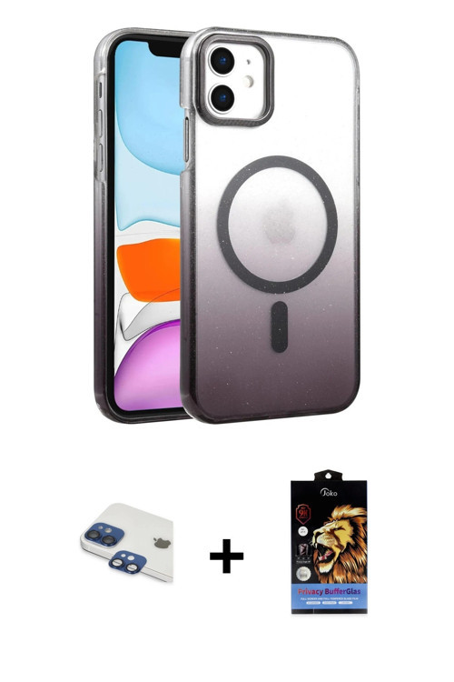 ieg™ iPhone 11 Kılıf Ahenk Doku Özel Seri - Siyah Buffer Hayalet Cam Ekran Koruyucu + Lacivert Pers