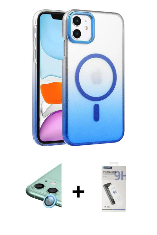 ieg™ iPhone 11 Kılıf Ahenk Doku Özel Seri - Şeffaf Uv Polymer Nano Ekran Koruyucu + Mavi Raze Metal