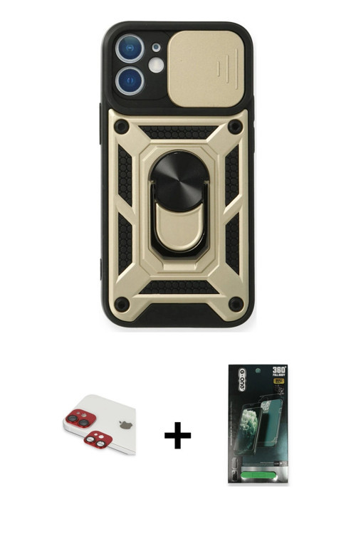 ieg™ iPhone 11 Kılıf Ahenk Klasik - Şeffaf 360 Full Body Arka Koruyucu + Kırmızı Pers Alüminyum Kame