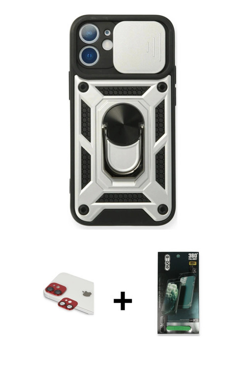ieg™ iPhone 11 Kılıf Ahenk Klasik - Şeffaf 360 Full Body Arka Koruyucu + Kırmızı Pers Alüminyum Kame