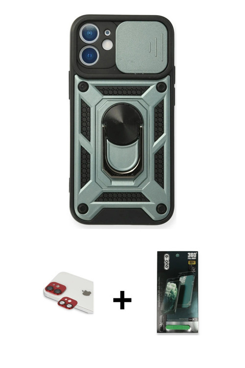 ieg™ iPhone 11 Kılıf Ahenk Klasik - Şeffaf 360 Full Body Arka Koruyucu + Kırmızı Pers Alüminyum Kame