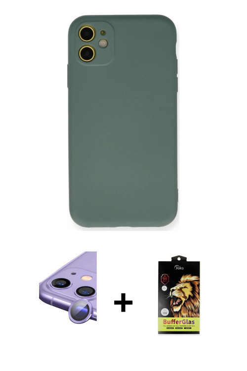 ieg™ iPhone 11 Kılıf Ahenk Serisi - Siyah Buffer Cam Ekran Koruyucu + Mor Raze Metal Kamera Lens