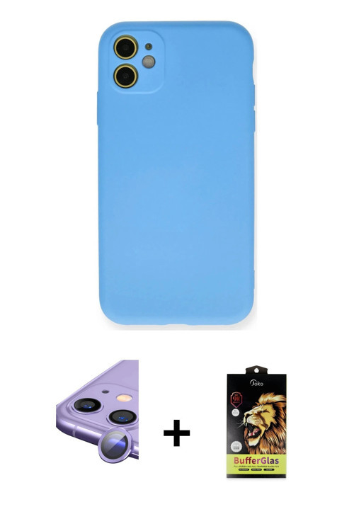 ieg™ iPhone 11 Kılıf Ahenk Serisi - Siyah Buffer Cam Ekran Koruyucu + Mor Raze Metal Kamera Lens