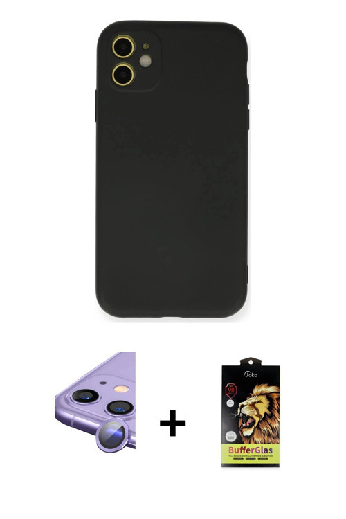 ieg™ iPhone 11 Kılıf Ahenk Serisi - Siyah Buffer Cam Ekran Koruyucu + Mor Raze Metal Kamera Lens