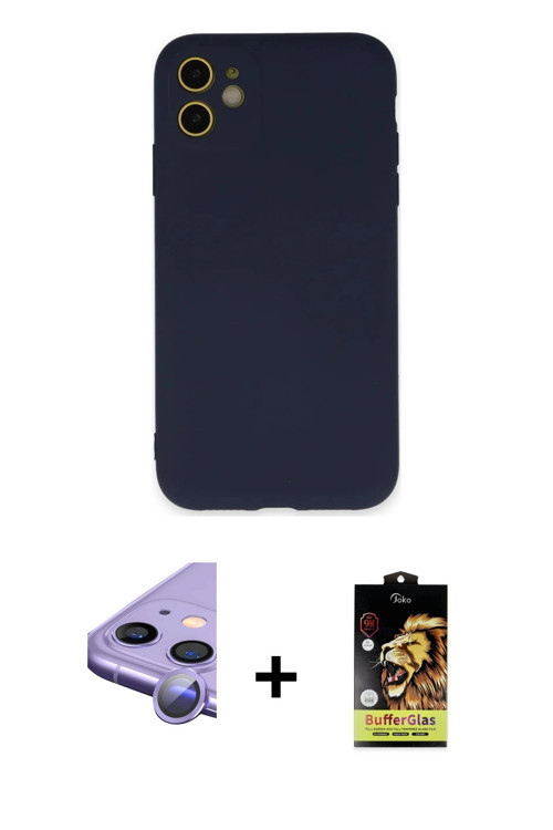 ieg™ iPhone 11 Kılıf Ahenk Serisi - Siyah Buffer Cam Ekran Koruyucu + Mor Raze Metal Kamera Lens