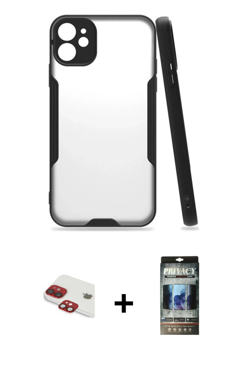 ieg™ iPhone 11 Kılıf Atlas Asil Serisi - Siyah 34D Hayalet Izgaralı Cam + Kırmızı Pers Alüminyum Kam