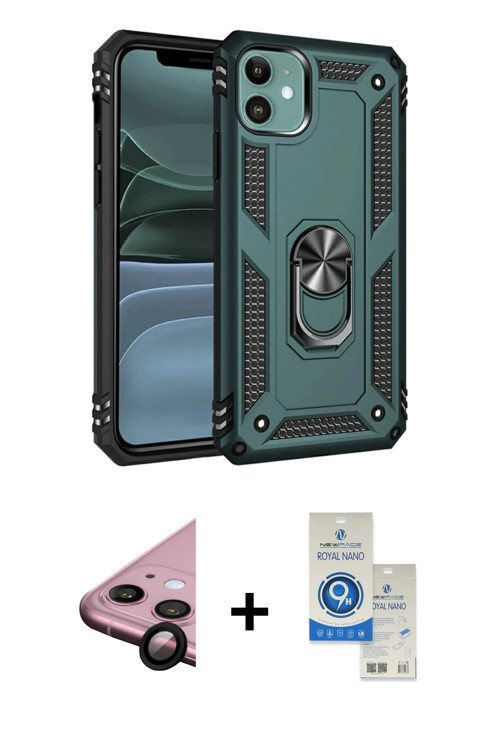 ieg™ iPhone 11 Kılıf Ahenk Klasik Koleksiyonu - Şeffaf Royal Nano Ekran Koruyucu + Siyah Raze Metal