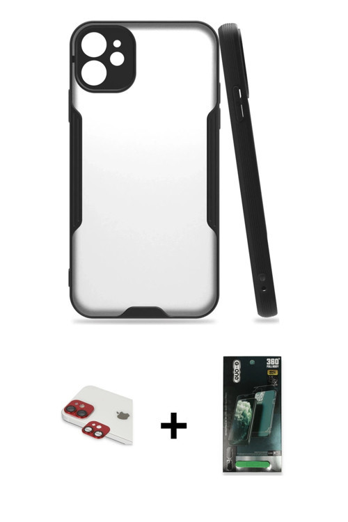 ieg™ iPhone 11 Kılıf Atlas Asil Serisi - Siyah 360 Mat Full Body Arka Koruyucu + Kırmızı Pers Alümin