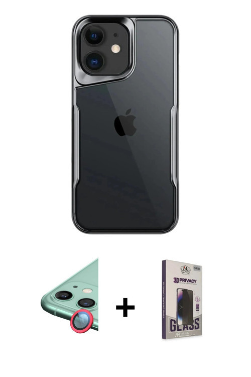 ieg™ iPhone 11 Kılıf Akış Çizgi Koleksiyonu - Siyah Bilvis Hayalet Cam Ekran Koruyucu + Kırmızı Raze