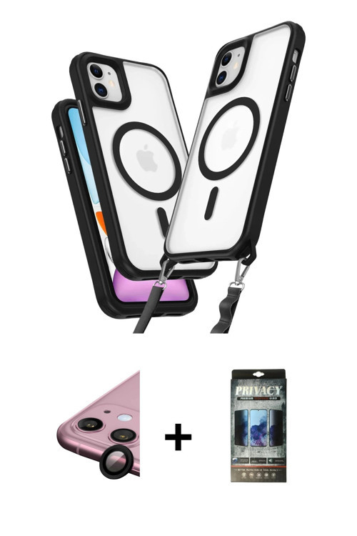 ieg™ iPhone 11 Kılıf Atlas Doku Koleksiyonu - Siyah 34D Hayalet Izgaralı Cam + Siyah Raze Metal Kame