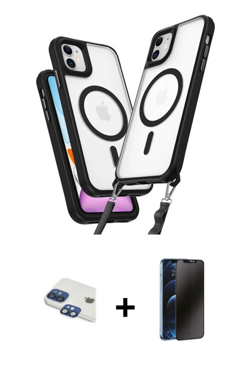ieg™ iPhone 11 Kılıf Atlas Doku Koleksiyonu - Siyah 3D Antistatik Hayalet Cam Ekran Koruyucu + Laciv