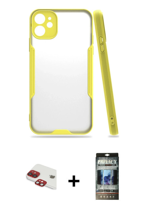 ieg™ iPhone 11 Kılıf Atlas Asil Serisi - Siyah 34D Hayalet Izgaralı Cam + Kırmızı Pers Alüminyum Kam