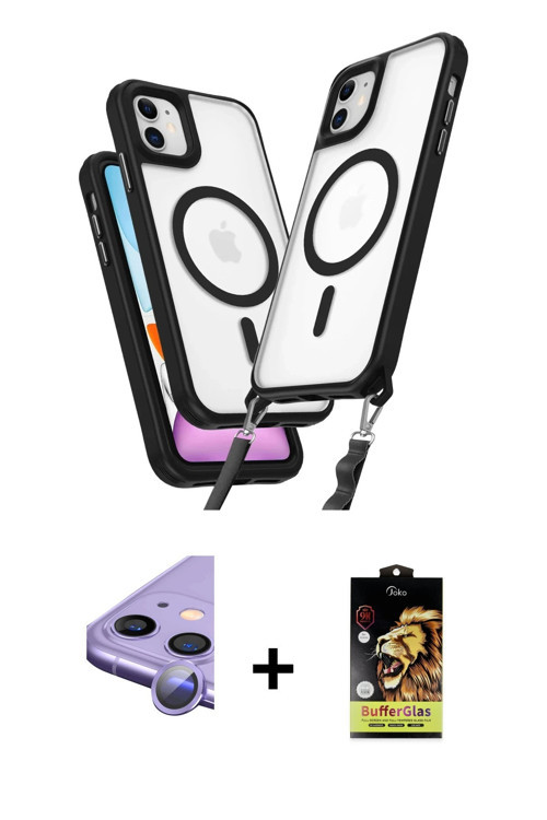 ieg™ iPhone 11 Kılıf Atlas Doku Koleksiyonu - Siyah Buffer Cam Ekran Koruyucu + Mor Raze Metal Kamer