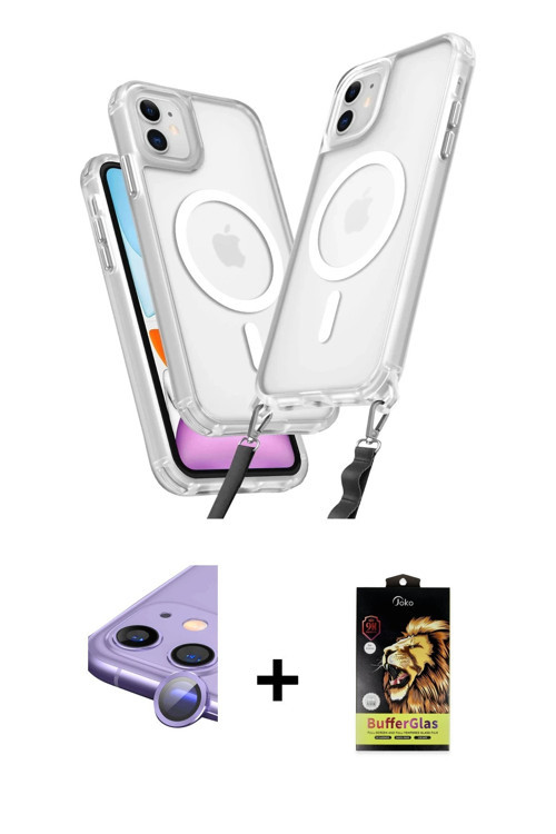 ieg™ iPhone 11 Kılıf Atlas Doku Koleksiyonu - Siyah Buffer Cam Ekran Koruyucu + Mor Raze Metal Kamer