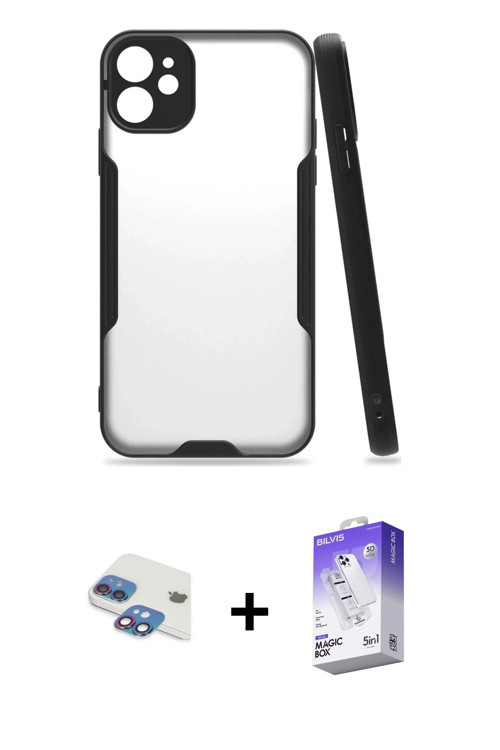 ieg™ iPhone 11 Kılıf Atlas Asil Serisi - Siyah Bilvis 5in1 3D Magic Cam Ekran Koruyucu + Gökkuşağı P