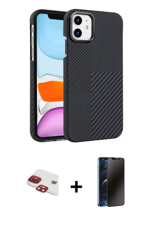 ieg™ iPhone 11 Kılıf Doruk Serisi - Siyah 3D Antistatik Hayalet Cam Ekran Koruyucu + Kırmızı Pers Al