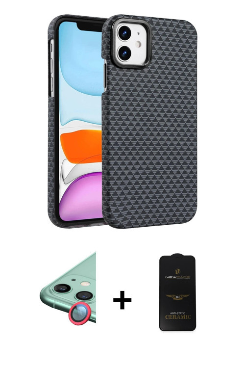 ieg™ iPhone 11 Kılıf Doruk Serisi - Siyah 6D Antistatik Mat Seramik Hayalet Nano Ekran Koruyucu + Kı