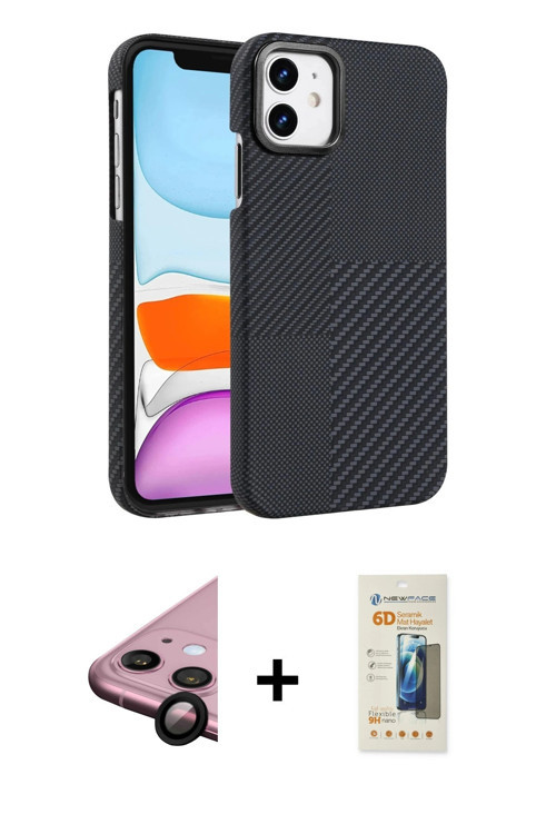 ieg™ iPhone 11 Kılıf Doruk Serisi - Siyah 6D Mat Seramik Hayalet Nano Ekran Koruyucu + Siyah Raze Me