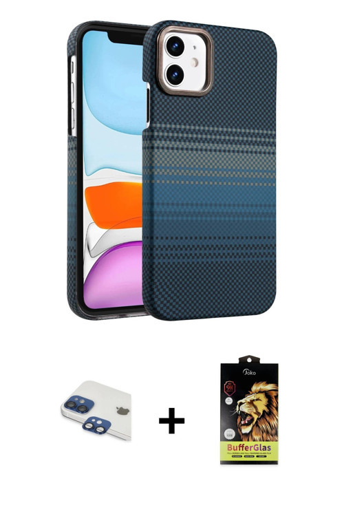 ieg™ iPhone 11 Kılıf Doruk Serisi - Siyah Buffer Cam Ekran Koruyucu + Lacivert Pers Alüminyum Kamera