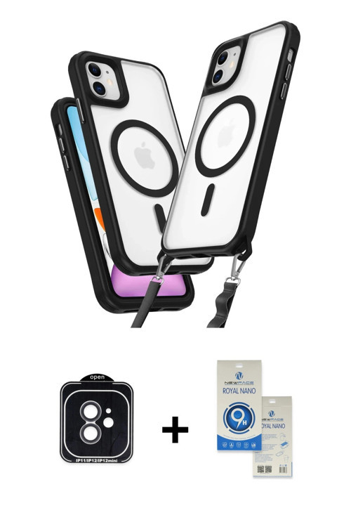 ieg™ iPhone 11 Kılıf Atlas Doku Koleksiyonu - Şeffaf Royal Nano Ekran Koruyucu + Siyah PVD Metal Kam