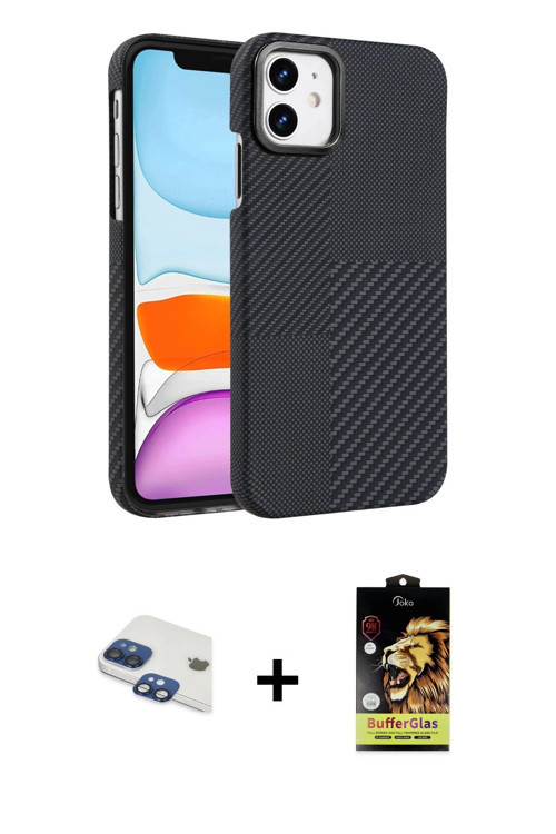 ieg™ iPhone 11 Kılıf Doruk Serisi - Siyah Buffer Cam Ekran Koruyucu + Lacivert Pers Alüminyum Kamera