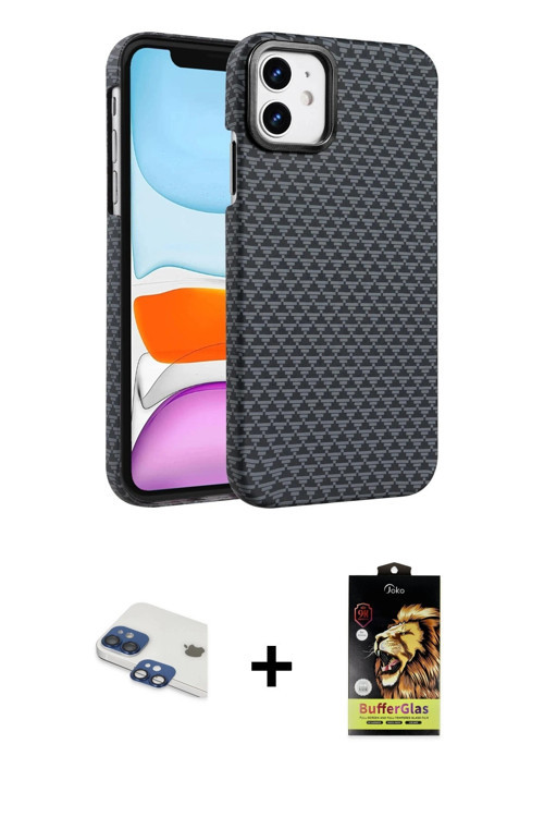 ieg™ iPhone 11 Kılıf Doruk Serisi - Siyah Buffer Cam Ekran Koruyucu + Lacivert Pers Alüminyum Kamera