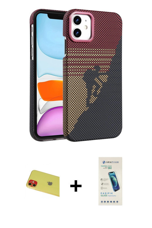 ieg™ iPhone 11 Kılıf Doruk Serisi - Şeffaf Pasifik Cam Ekran Koruyucu + Kırmızı Rainbow Kamera Lens