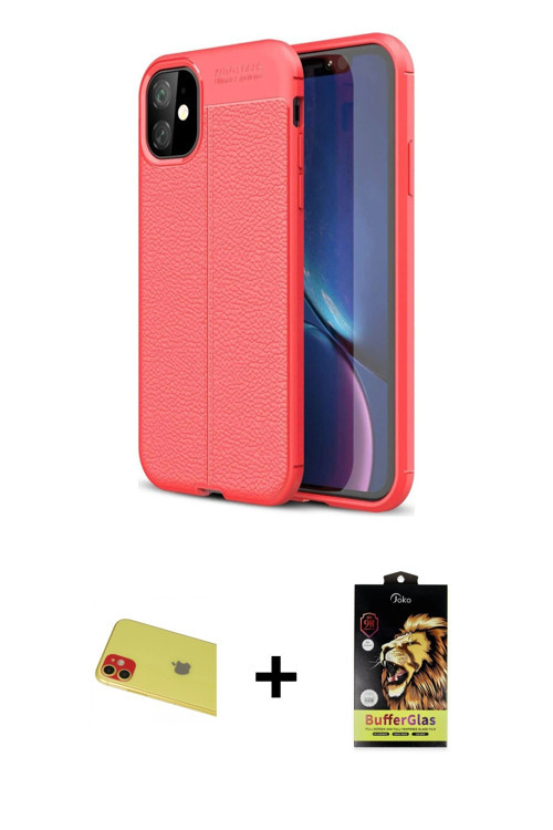 ieg™ iPhone 11 Kılıf Doruk Klasik Özel Seri - Siyah Buffer Cam Ekran Koruyucu + Kırmızı Rainbow Kame